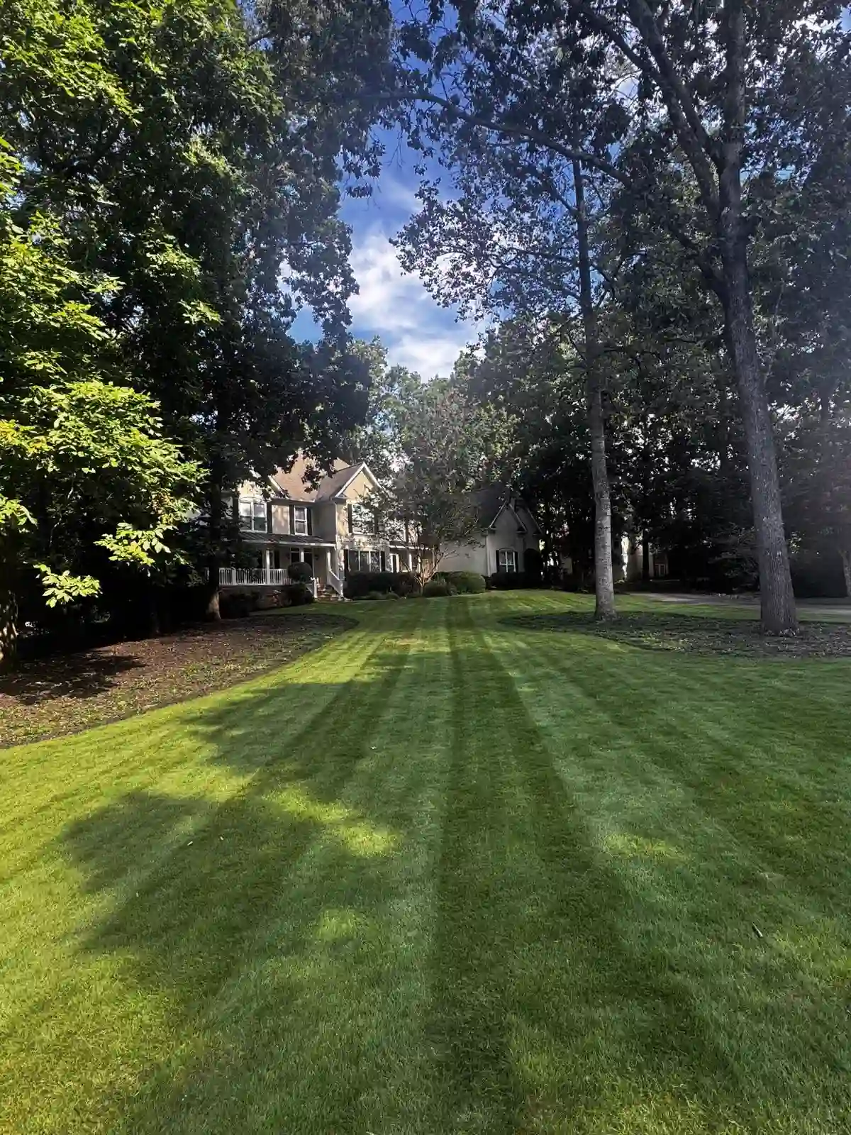 Residential lawn care with mowed stripes leading to a Canton GA home — Vida Solutions